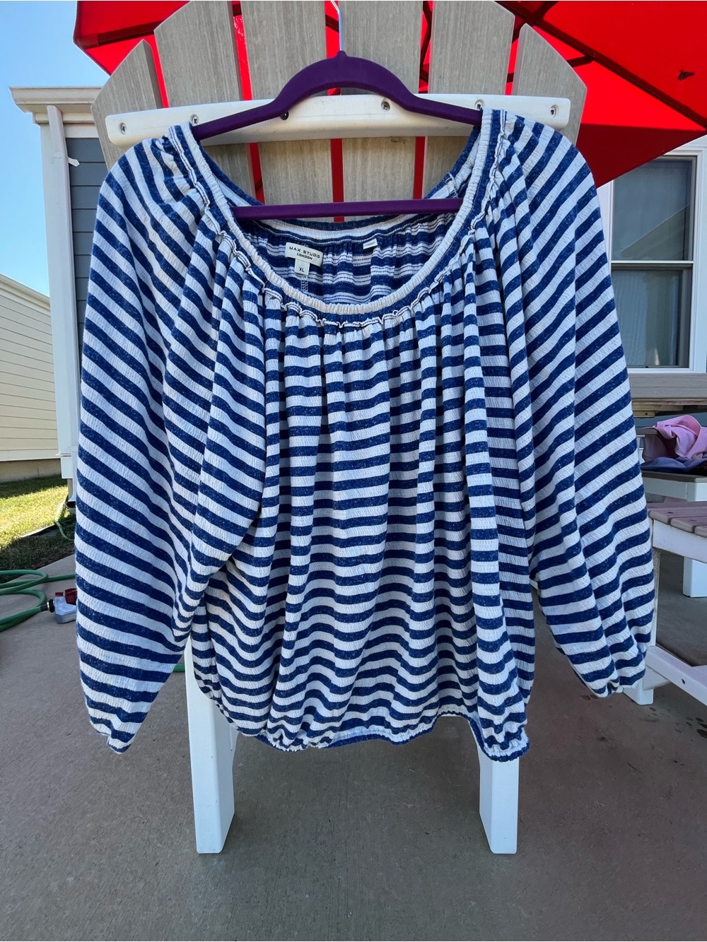 Max Studio Navy and White Striped Peasant Top